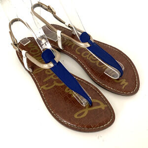 Sam Edelman Gigi Leather T-Strap Flat Sandal Thong Ankle Strap Blue White 6.5